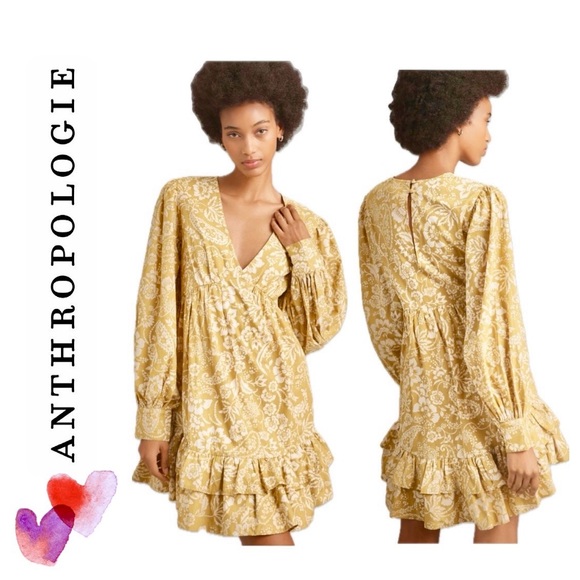 Maeve by Anthropologie long sleeve V-neck ruffle Mini dress Medium summer dress - Picture 3 of 14